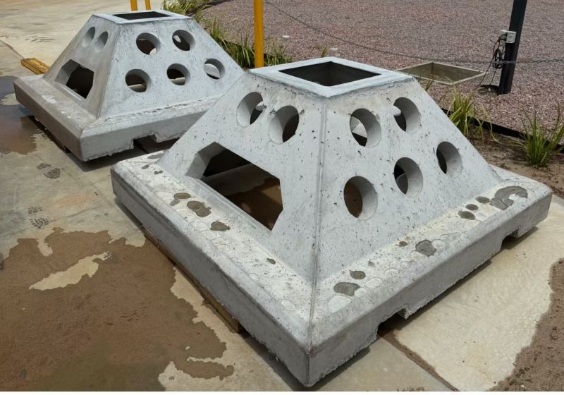 Modular artificial structure made from metal in a pyramid shape, on the ground of a workshop setting.