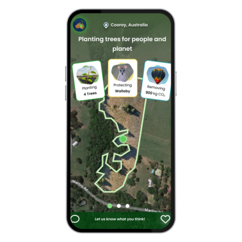 Image of Mobile phone display of the Reforest app interface. It shows an aerial map of Cooroy, Australia, with icons indicating planting, protecting, and removing initiatives. The app reports 