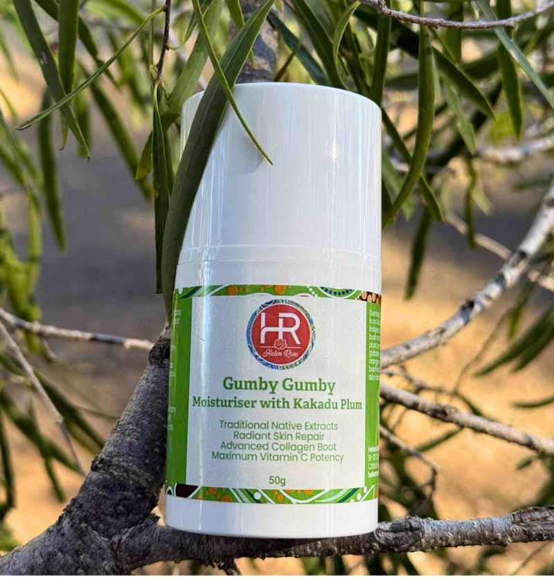 Photo of Helen Rose Gumby Gumby Moisturiser with Kakadu Plum showcased on a tree branch, highlighting its natural and native Australian botanical ingredients.