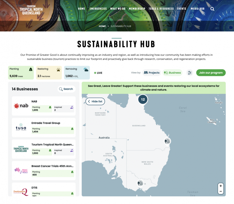 Screenshot of the Tourism Tropical North Queensland Sustainability Hub webpage. The page features sections for 