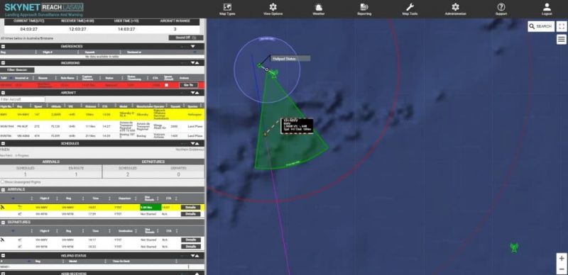 Screenshot of SkyNet REACH LASAW software displaying a map with a helicopter icon approaching a green helipad icon, with various data panels and menus visible on the left side