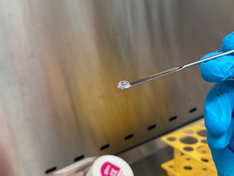 A person holding tweezers in a lab setting.