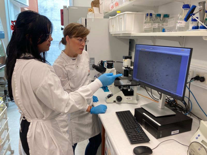 Two women, one with short brown hair and glasses, the other with long black hair, wearing lab coats and safety glasses, checking results on a computer monitor.